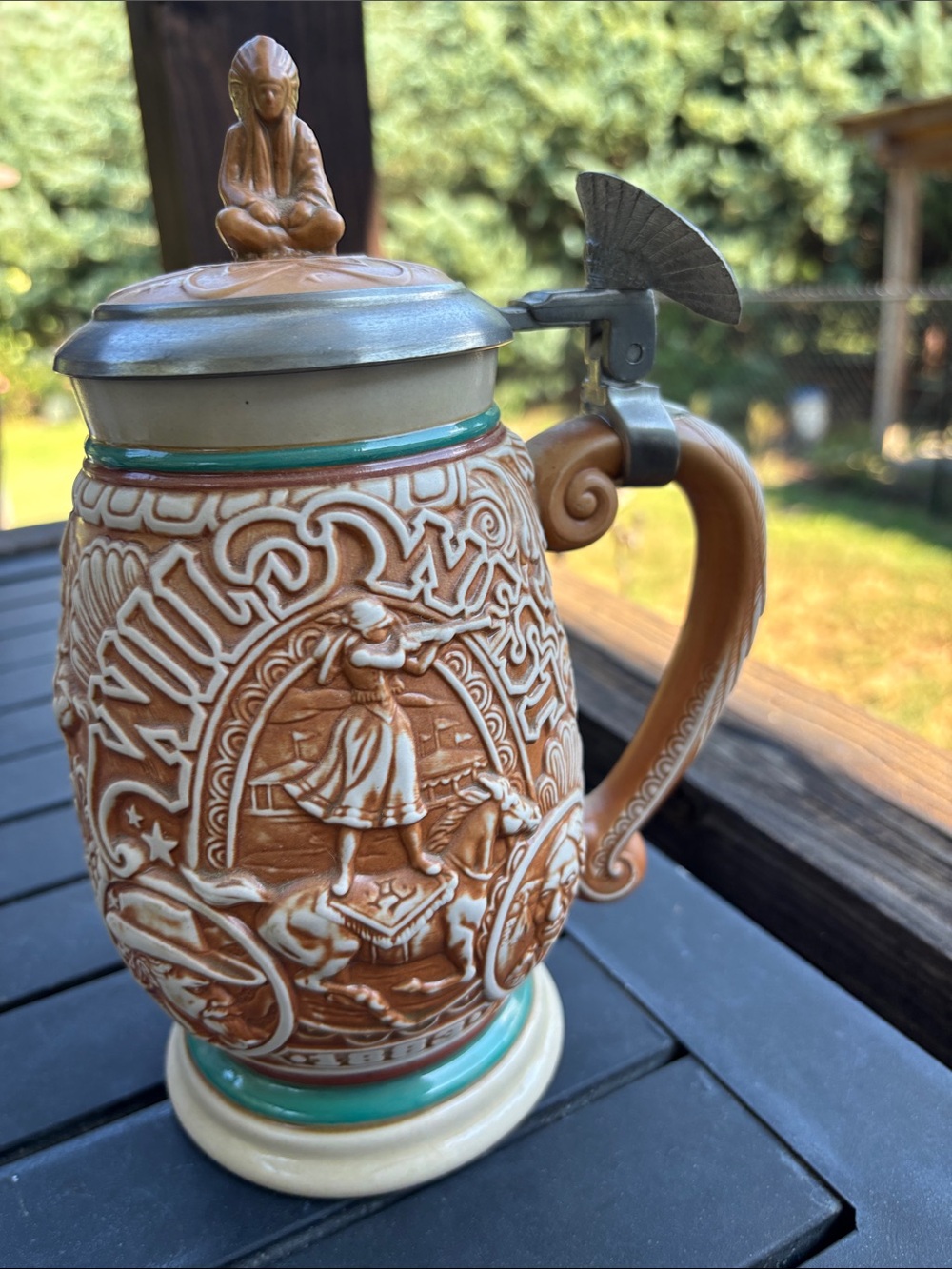 Handcrafted Ceramic Brown & Cream Beer Stein with Pewter Lid